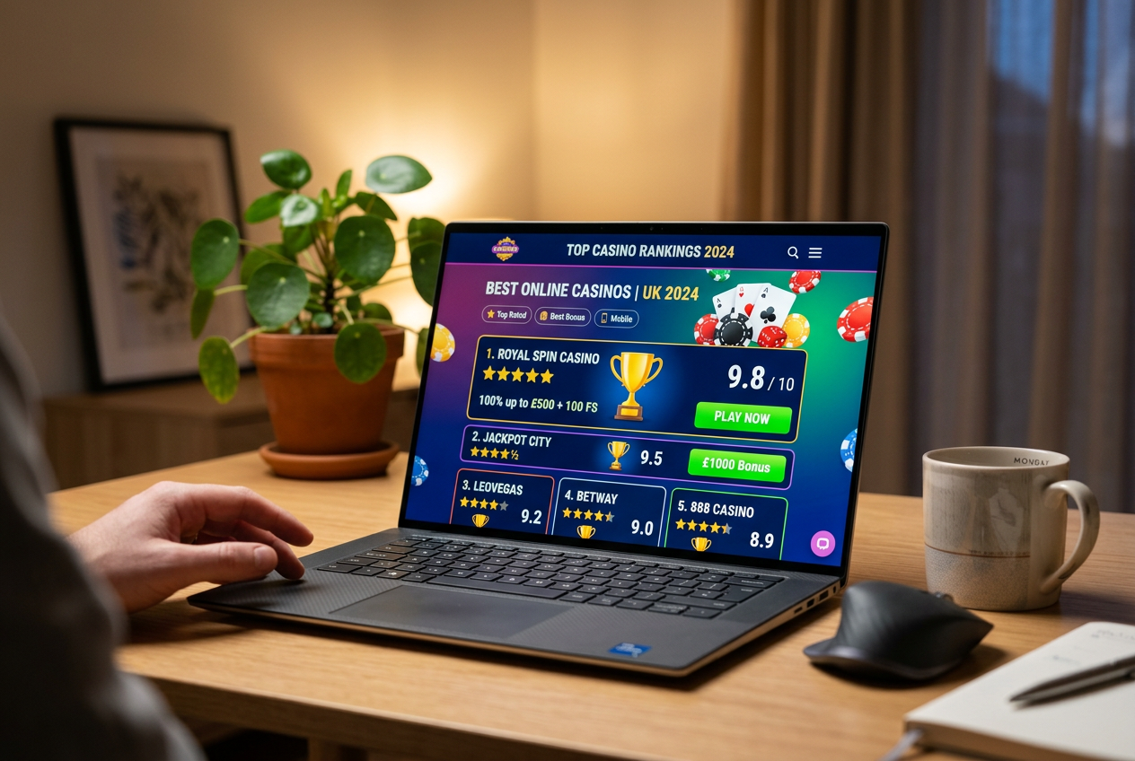 Laptop wyświetlający ranking kasyn online z ocenami gwiazdkowymi.