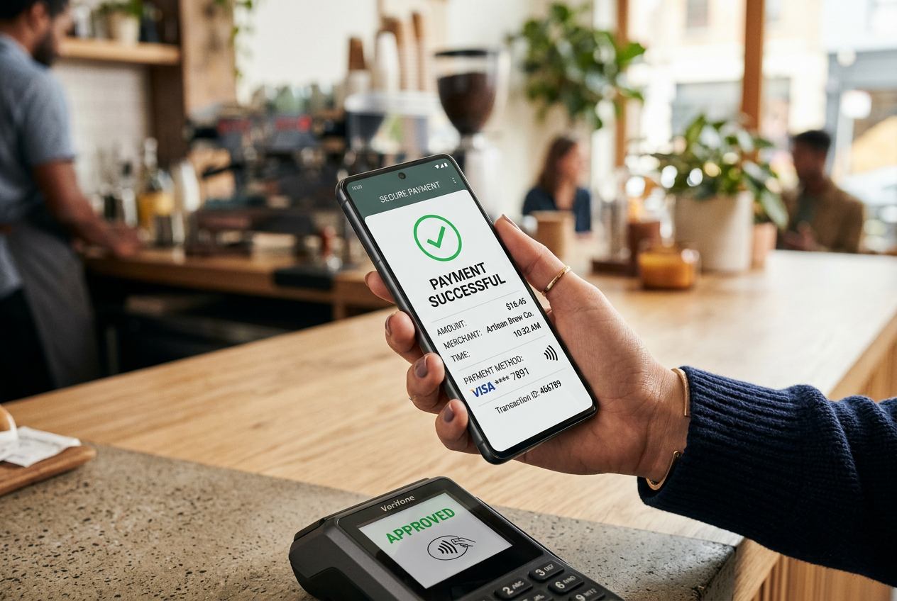 Smartfon z aplikacją do szybkich płatności mobilnych.