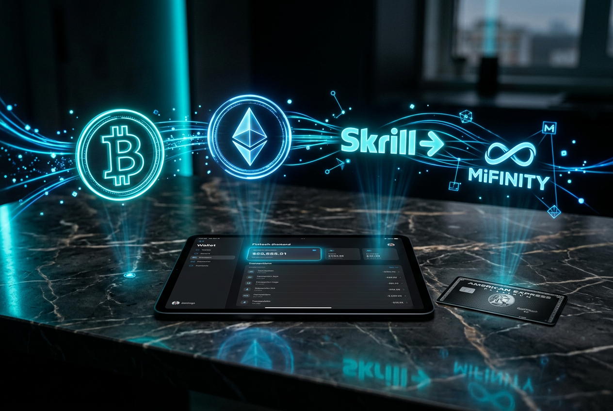 A conceptual visualization of various digital payment methods including crypto and e-wallets.