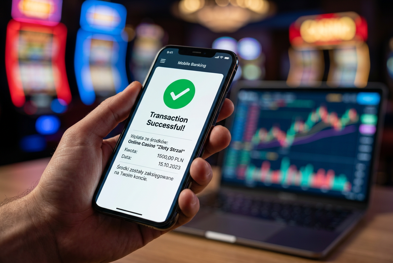 Close-up of a high-tech smartphone screen showing a successful instant casino withdrawal notification.